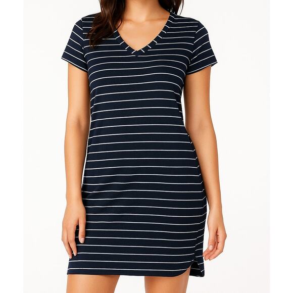 Merona Dresses & Skirts - Merona V Neck Large Black White Striped Dress Shift Cotton Poly Blend